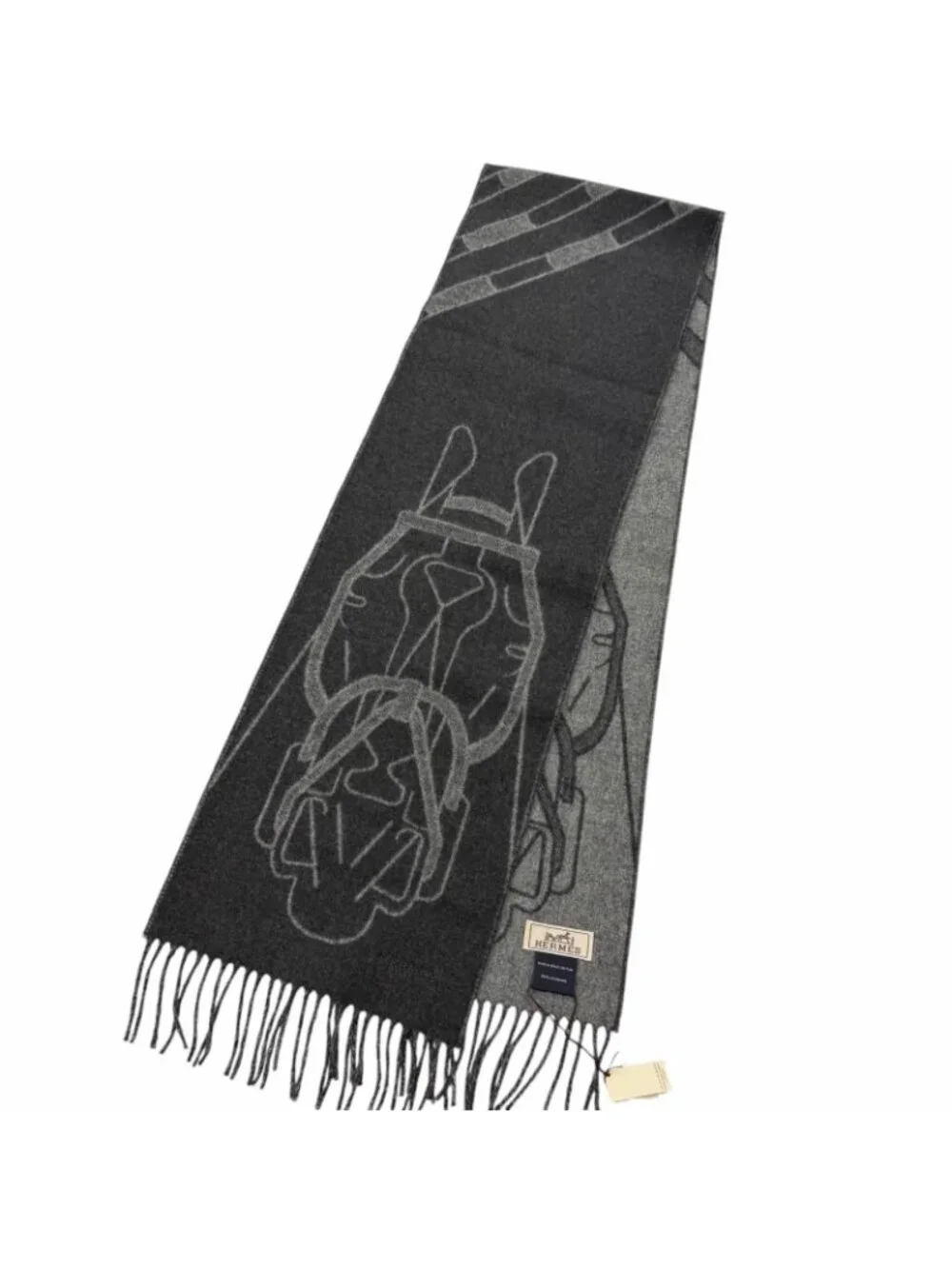 Hermes Tet A Tet Equestre Cashmere Hose Fringe Scarf Shawl Charcoal Gray